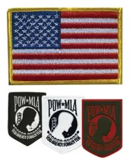American Legion Riders flag and POW patches displayed side by side