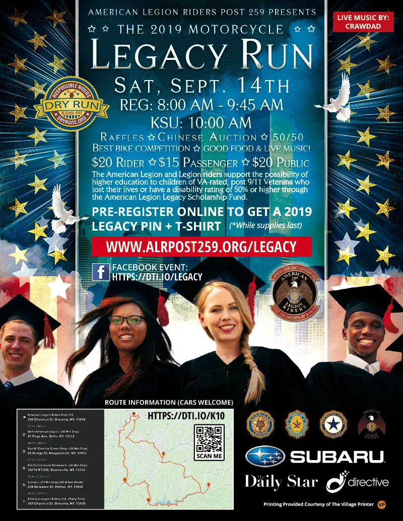 2019 American Legion Riders Post 259 Legacy Run flyer with route information, registration details, and scholarship fundraising information