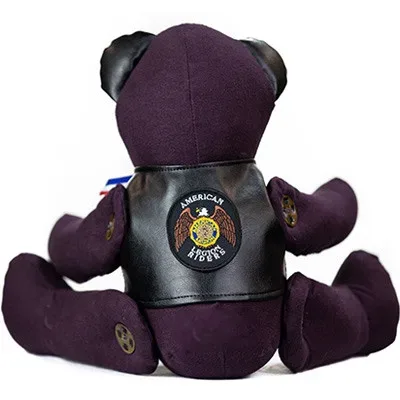 Back of a handmade Rider Memory Bear wearing a black American Legion Riders vest