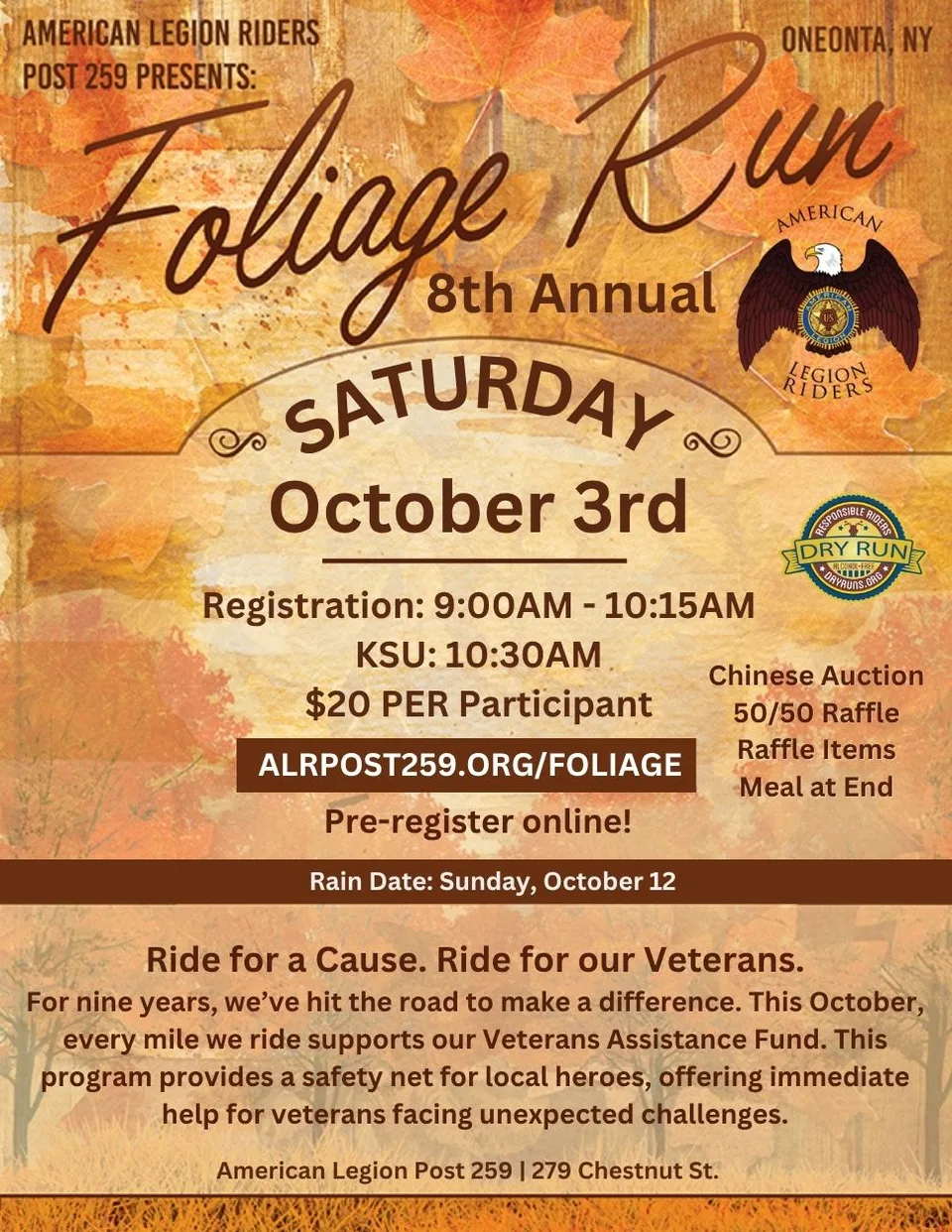 Official flyer for the 9th Annual Foliage Run on Saturday, October 3, 2026