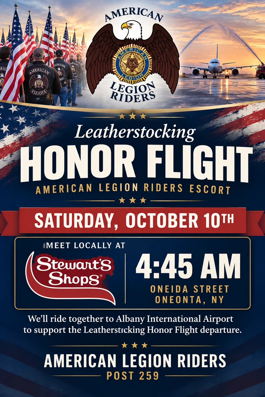 Full, uncropped official flyer for the Leatherstocking Honor Flight escort by American Legion Riders Post 259 on Saturday, October 10, 2026