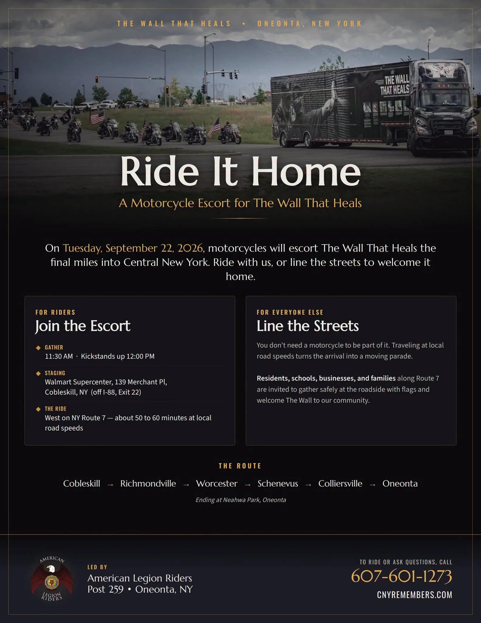 Official flyer for Ride It Home, the motorcycle escort for The Wall That Heals on Tuesday, September 22, 2026