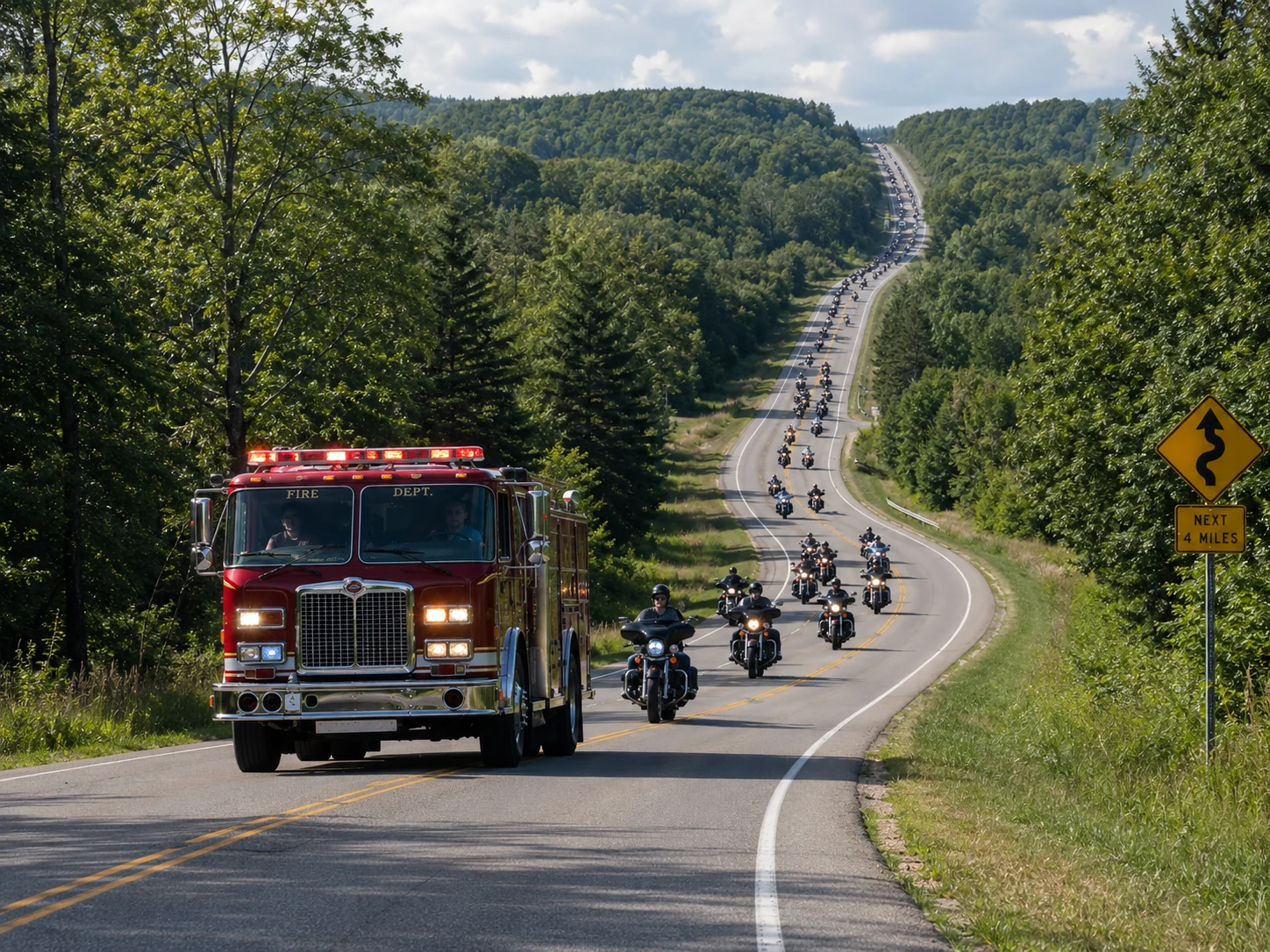 Motorcycle riders escorting a fire truck along a winding upstate road