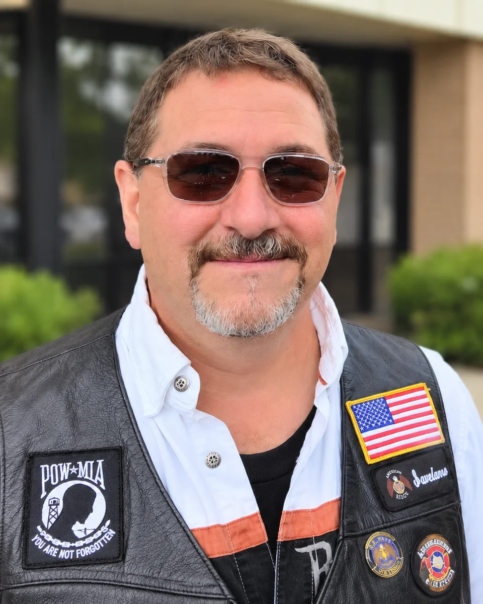 Chris Dennis smiling in his American Legion Riders vest