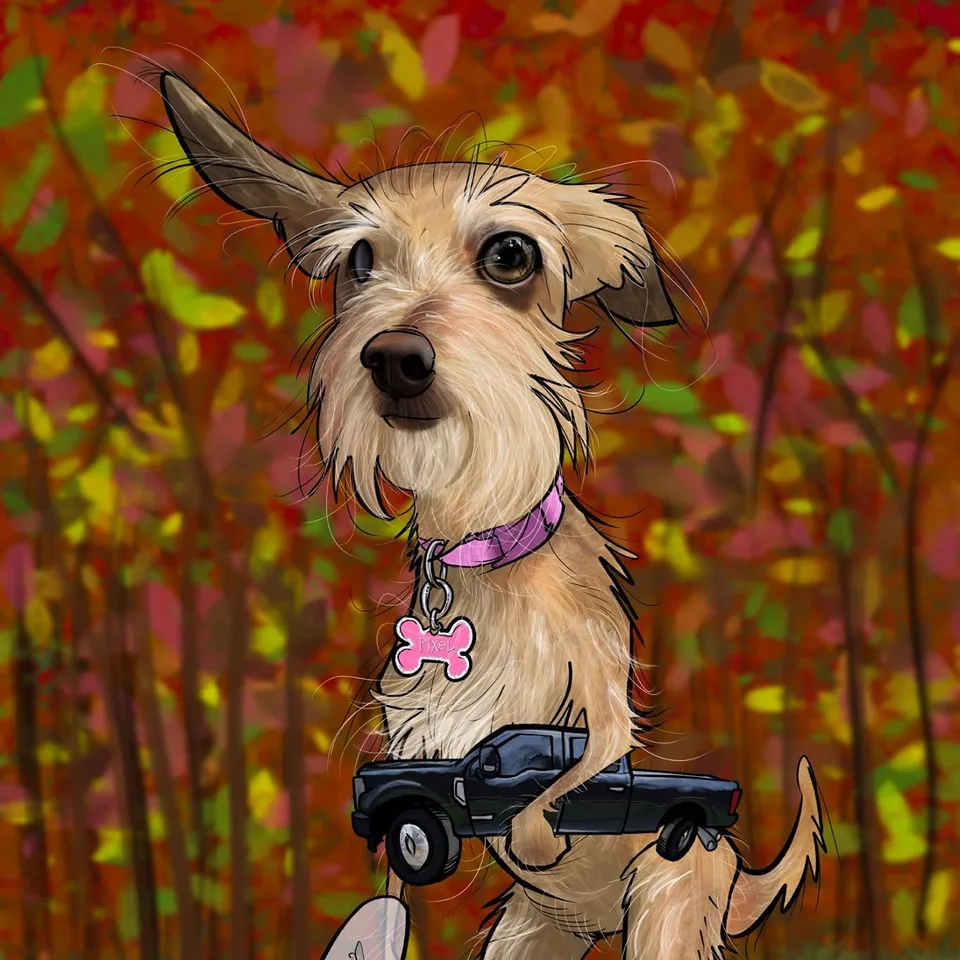 A caricature drawing of Pixel standing on a Road King holding a pickup truck, wearing a pink collar with a bone shaped name tag, against autumn trees