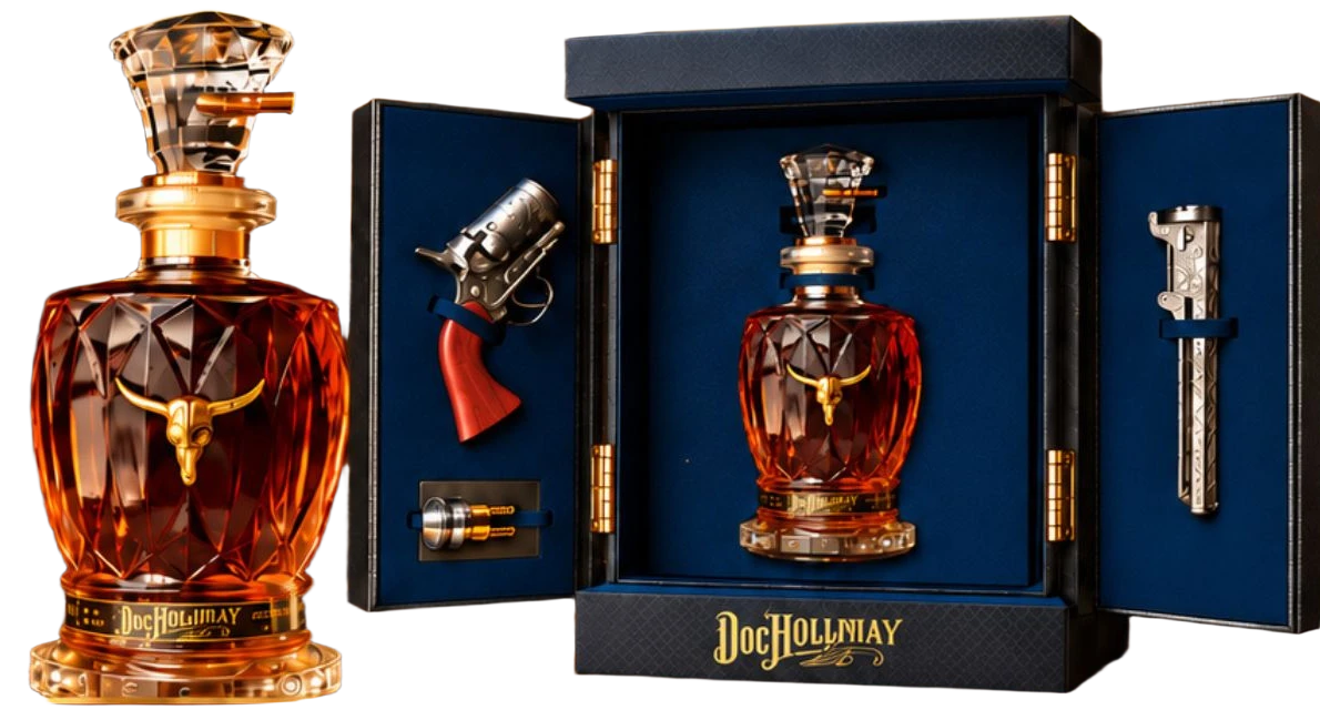 Doc Holliday 10-Year-Old Straight Bourbon Whiskey Gift Set: the bottle with a revolver-cylinder top beside its open holster-style display case