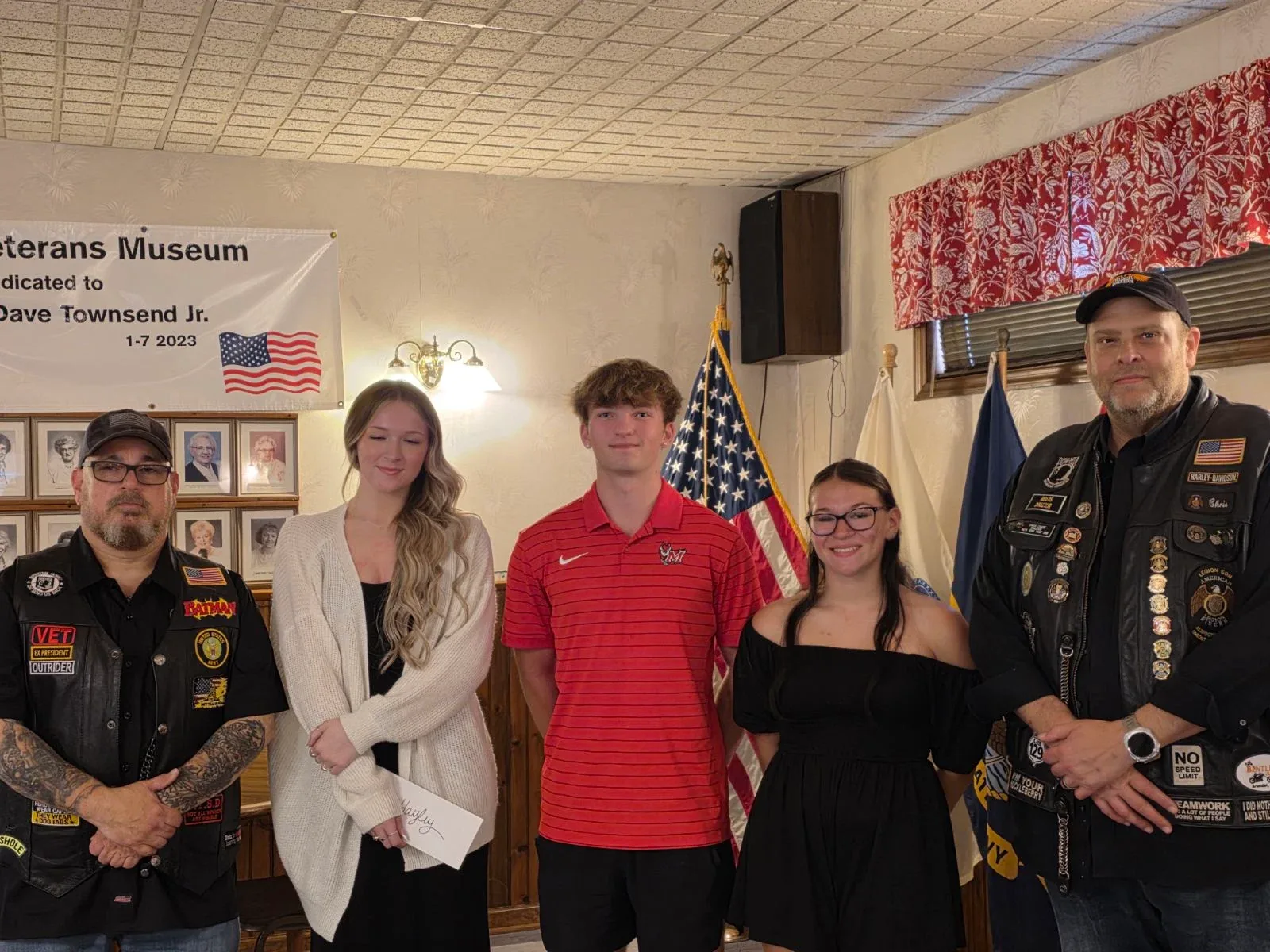 Legacy Scholarship recipients standing with American Legion Riders Post 259 members at American Legion Post 259 in Oneonta, NY